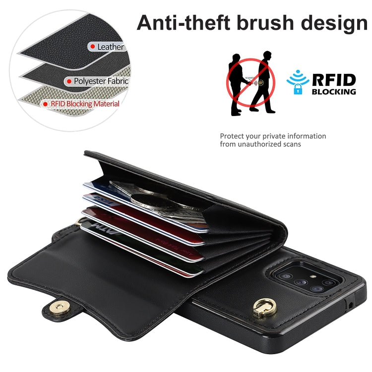 For Samsung Galaxy A71 5G RFID Card Slot Leather Phone Case with Long Lanyard