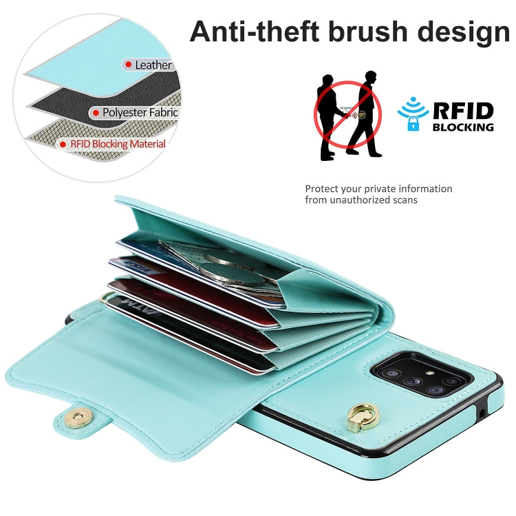 For Samsung Galaxy A71 5G RFID Card Slot Leather Phone Case with Long Lanyard
