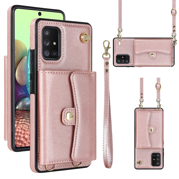 For Samsung Galaxy A71 5G RFID Card Slot Leather Phone Case with Long Lanyard