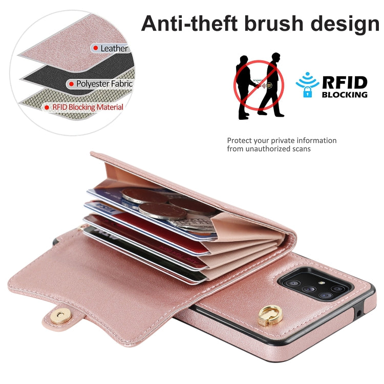 For Samsung Galaxy A71 5G RFID Card Slot Leather Phone Case with Long Lanyard