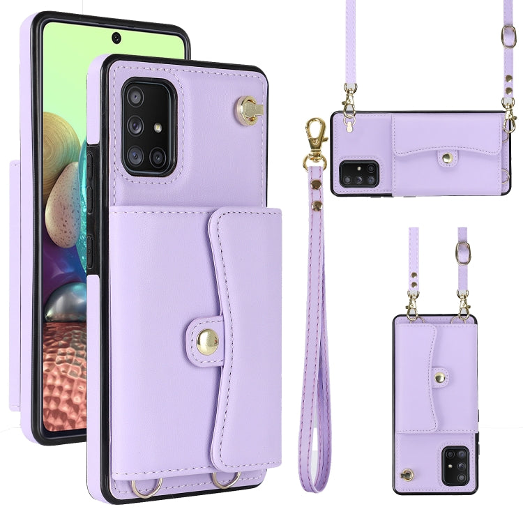 For Samsung Galaxy A71 5G RFID Card Slot Leather Phone Case with Long Lanyard