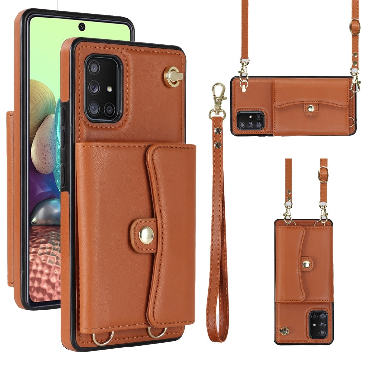 For Samsung Galaxy A71 5G RFID Card Slot Leather Phone Case with Long Lanyard
