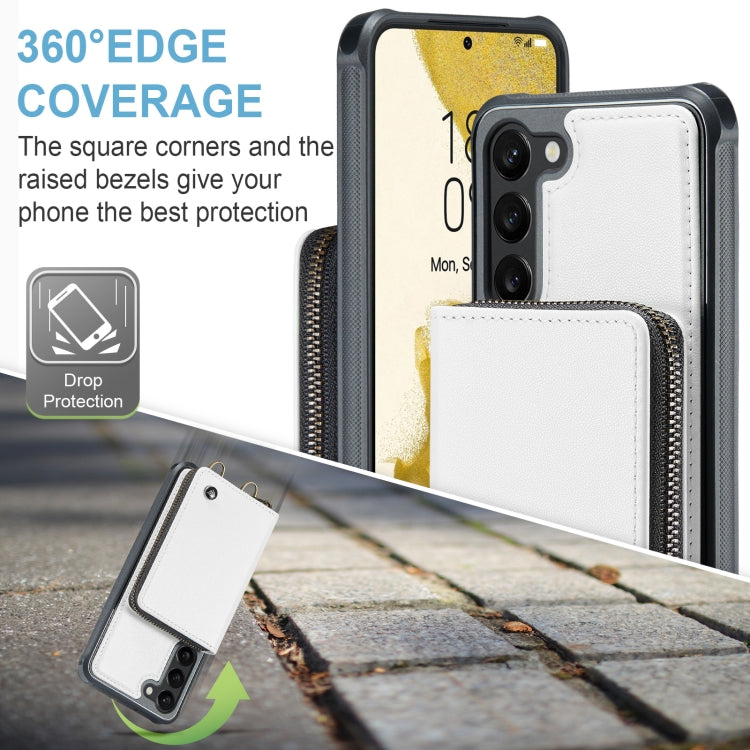 For Samsung Galaxy S23 5G JEEHOOD C22 Series Zipper Wallet Leather Phone Case with Dual Lanyard