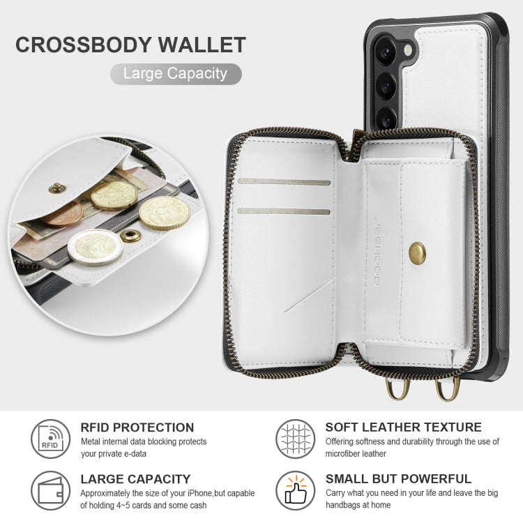 For Samsung Galaxy S23 5G JEEHOOD C22 Series Zipper Wallet Leather Phone Case with Dual Lanyard
