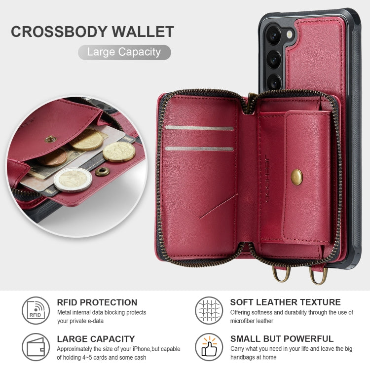 For Samsung Galaxy S23 5G JEEHOOD C22 Series Zipper Wallet Leather Phone Case with Dual Lanyard