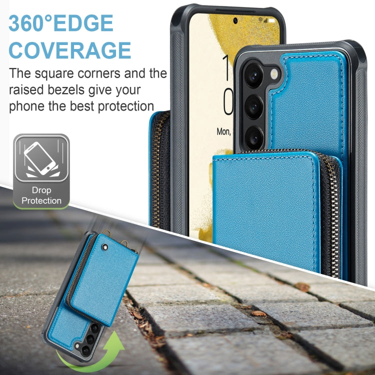 For Samsung Galaxy S23 5G JEEHOOD C22 Series Zipper Wallet Leather Phone Case with Dual Lanyard