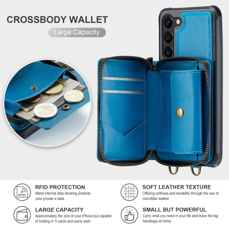 For Samsung Galaxy S23 5G JEEHOOD C22 Series Zipper Wallet Leather Phone Case with Dual Lanyard