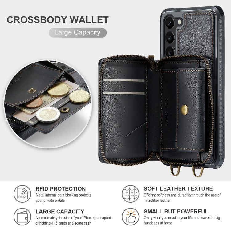 For Samsung Galaxy S23 5G JEEHOOD C22 Series Zipper Wallet Leather Phone Case with Dual Lanyard