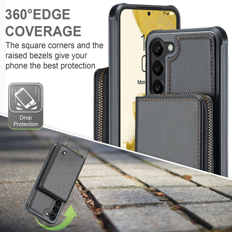For Samsung Galaxy S23+ 5G JEEHOOD C22 Series Zipper Wallet Leather Phone Case with Dual Lanyard