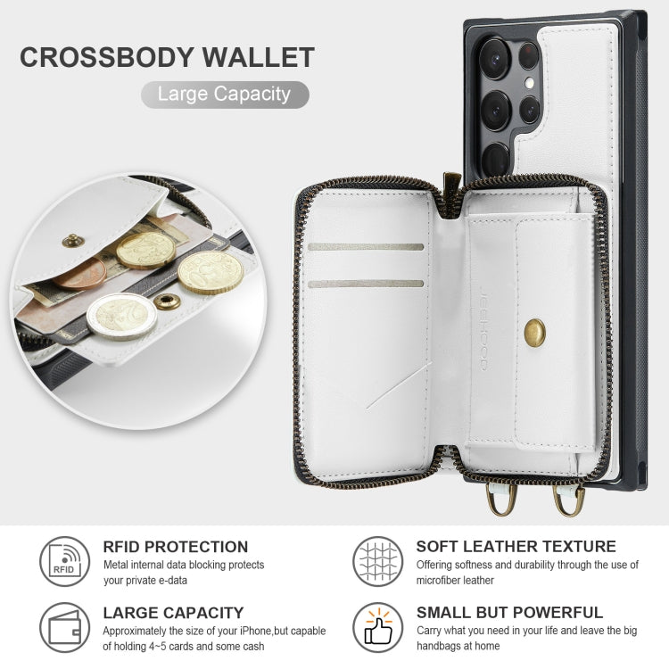 For Samsung Galaxy S23 Ultra 5G JEEHOOD C22 Series Zipper Wallet Leather Phone Case with Dual Lanyard