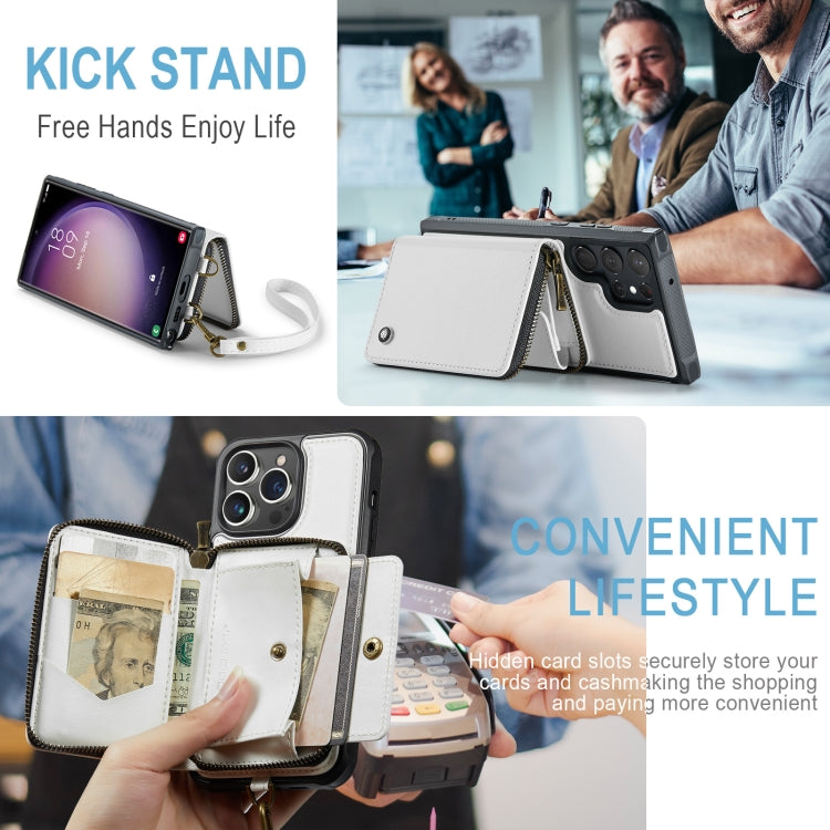 For Samsung Galaxy S23 Ultra 5G JEEHOOD C22 Series Zipper Wallet Leather Phone Case with Dual Lanyard