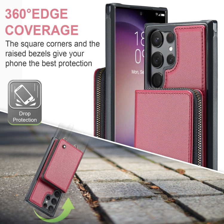 For Samsung Galaxy S23 Ultra 5G JEEHOOD C22 Series Zipper Wallet Leather Phone Case with Dual Lanyard