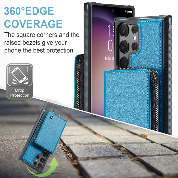 For Samsung Galaxy S23 Ultra 5G JEEHOOD C22 Series Zipper Wallet Leather Phone Case with Dual Lanyard