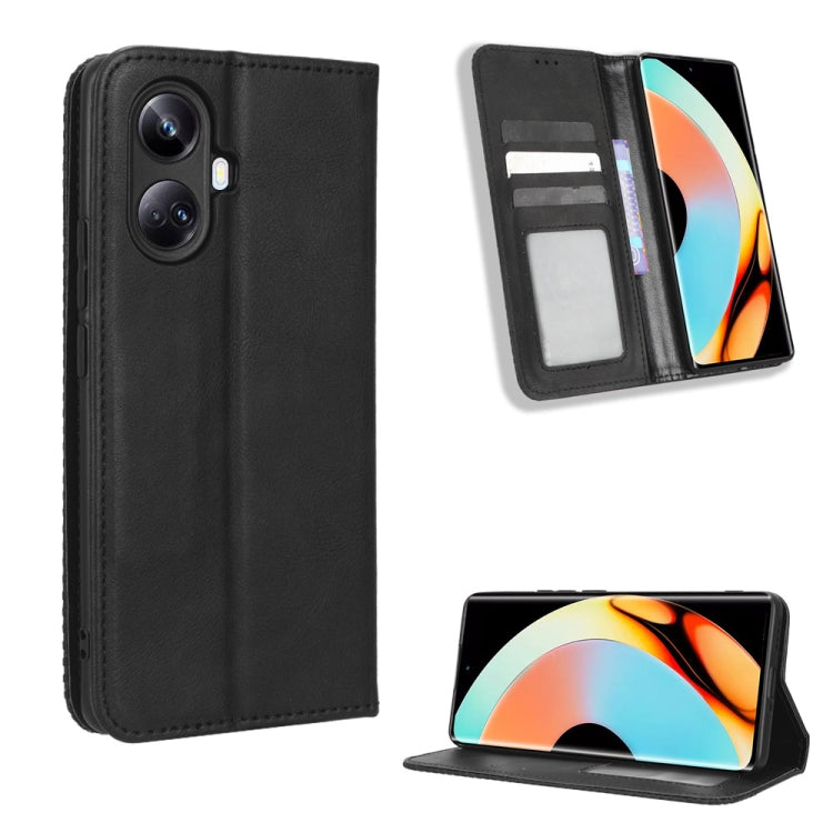 For Realme 10 Pro+ Magnetic Buckle Retro Texture Leather Phone Case