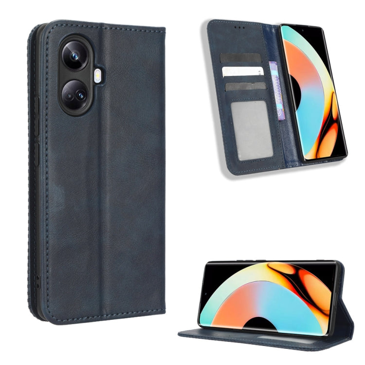 For Realme 10 Pro+ Magnetic Buckle Retro Texture Leather Phone Case