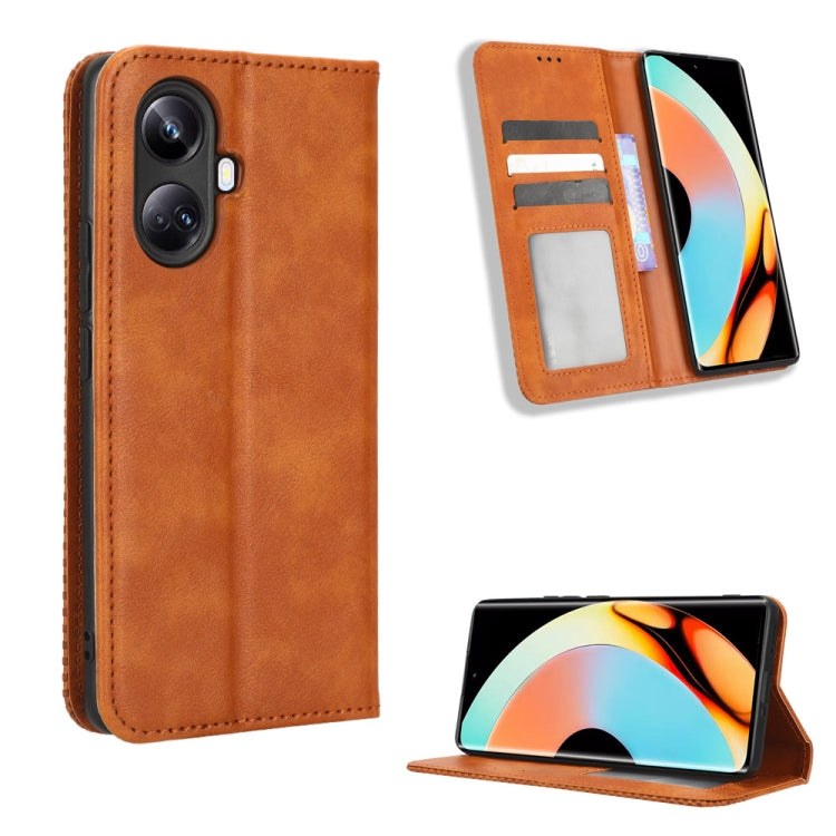 For Realme 10 Pro+ Magnetic Buckle Retro Texture Leather Phone Case