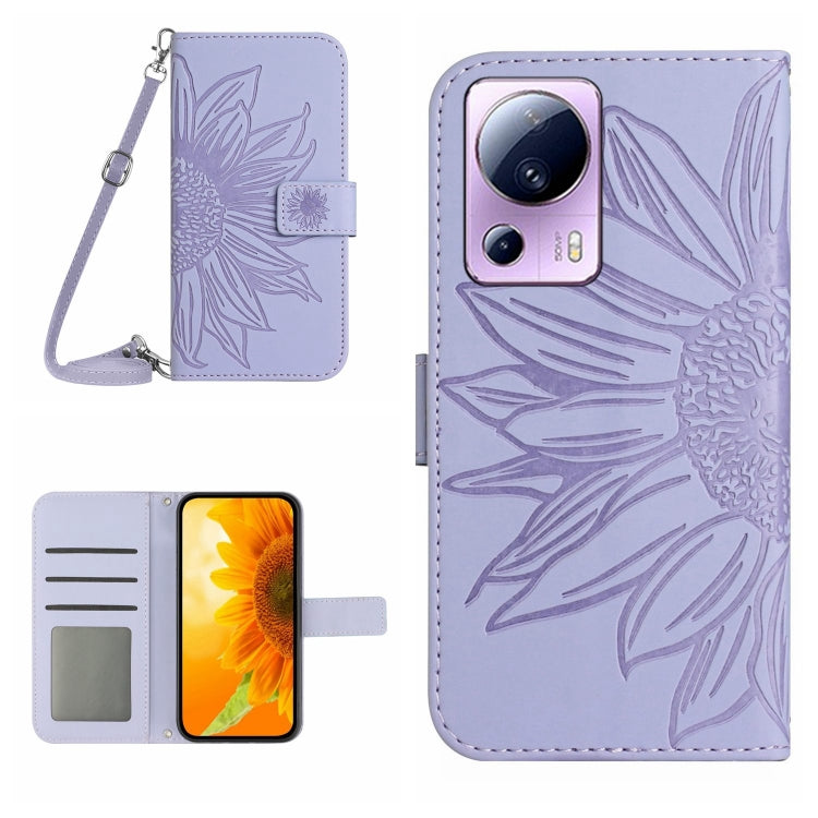 For Xiaomi 13 Lite HT04 Skin Feel Sun Flower Embossed Flip Leather Phone Case with Lanyard