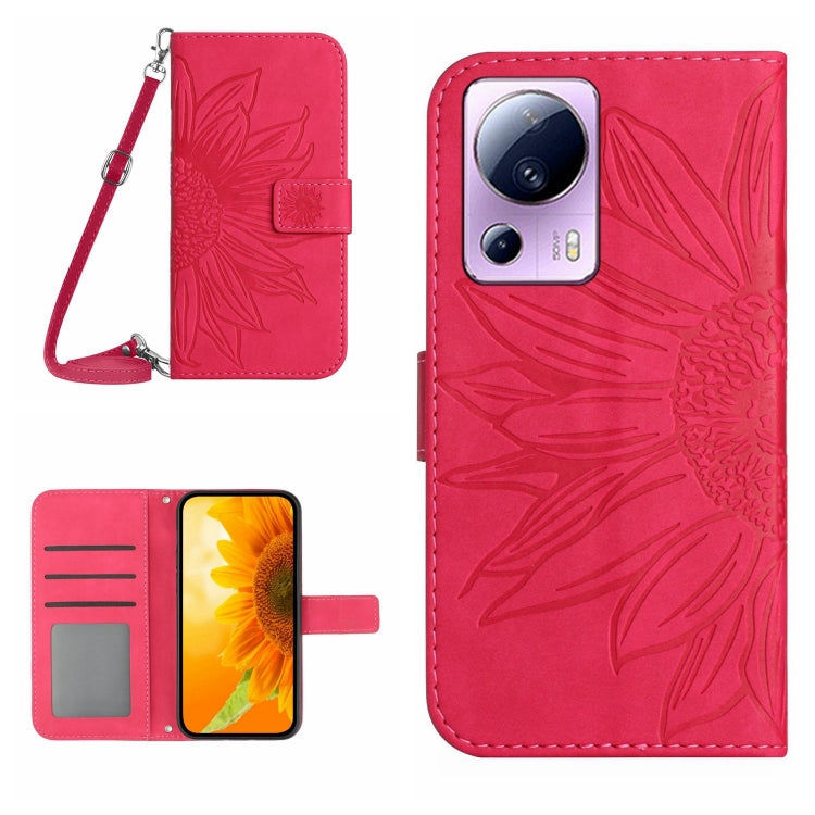 For Xiaomi 13 Lite HT04 Skin Feel Sun Flower Embossed Flip Leather Phone Case with Lanyard