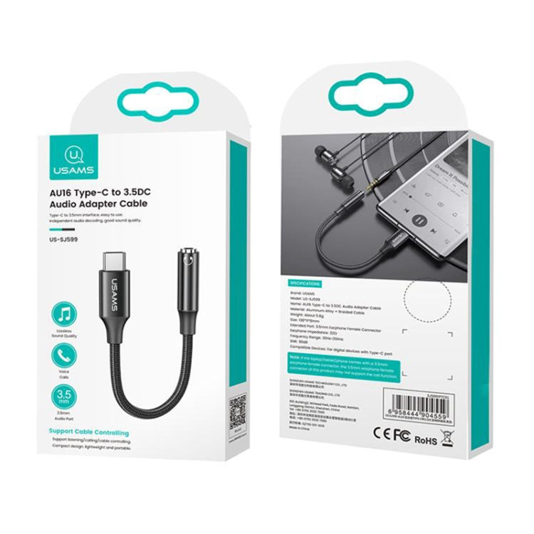 USAMS US-SJ599 AU16 Aluminum Alloy USB-C / Type-C to 3.5DC Audio Adapter Cable(Black)