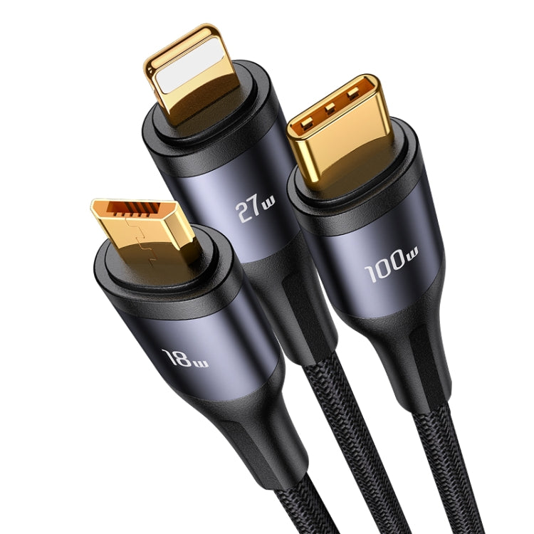 USAMS US-SJ600 U83 PD100W 3 in 1 Aluminum Alloy Transparent Digital Display Fast Charging Cable,Cable Length: 1.2m(Black)
