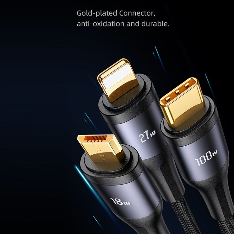 USAMS US-SJ600 U83 PD100W 3 in 1 Aluminum Alloy Transparent Digital Display Fast Charging Cable,Cable Length: 1.2m(Black)