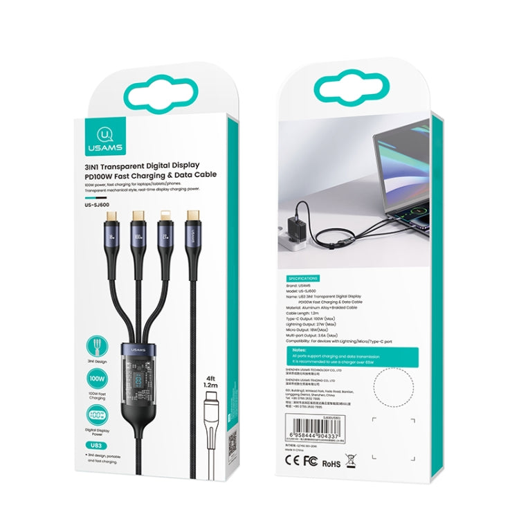 USAMS US-SJ600 U83 PD100W 3 in 1 Aluminum Alloy Transparent Digital Display Fast Charging Cable,Cable Length: 1.2m(Black)