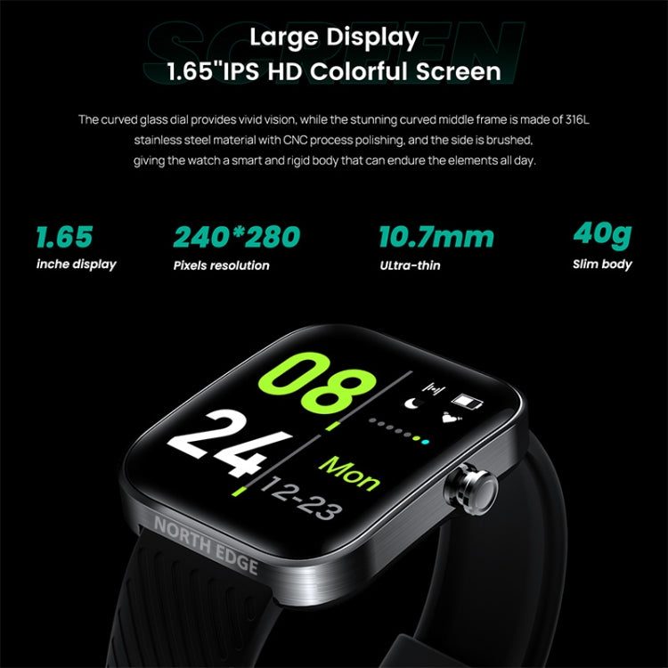NORTH EDGE NHC 1.65 inch TFT Screen Smart Watch, Support PPG + ECG(Black)
