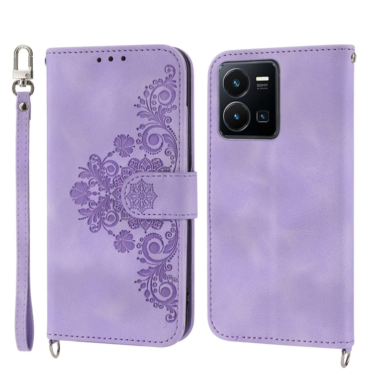 For vivo Y35 4G 2022 Skin-feel Flowers Embossed Wallet Leather Phone Case