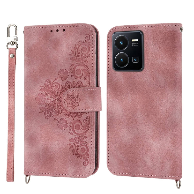 For vivo Y35 4G 2022 Skin-feel Flowers Embossed Wallet Leather Phone Case