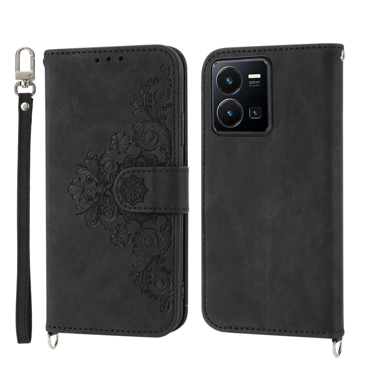For vivo Y35 4G 2022 Skin-feel Flowers Embossed Wallet Leather Phone Case