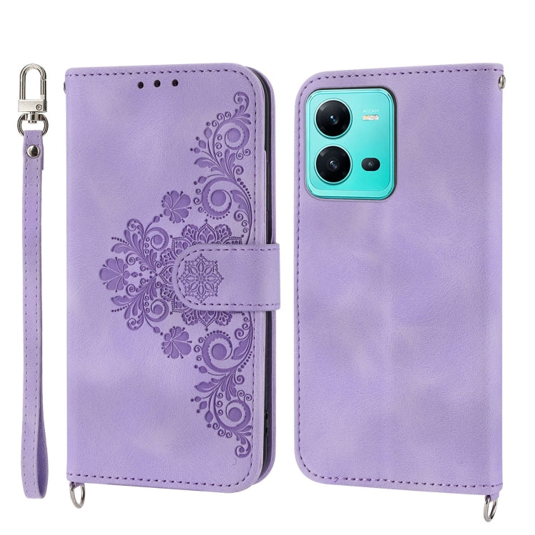 For vivo V25 5G Skin-feel Flowers Embossed Wallet Leather Phone Case