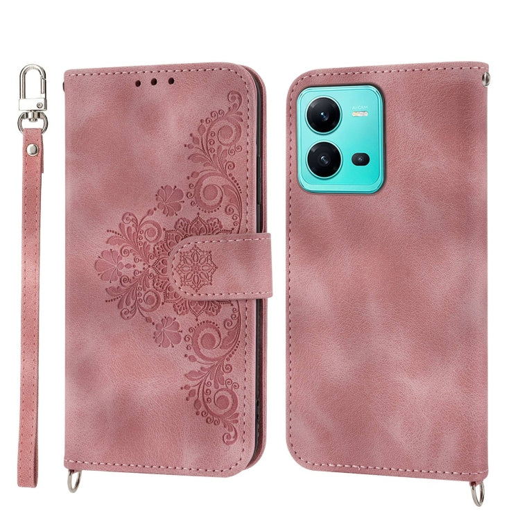 For vivo V25 5G Skin-feel Flowers Embossed Wallet Leather Phone Case