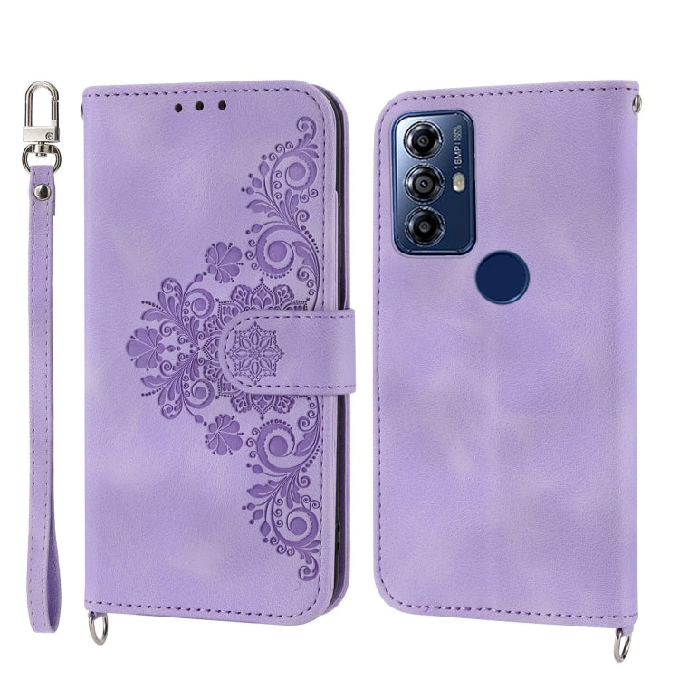 For Motorola Moto G Play 2023 Skin-feel Flowers Embossed Wallet Leather Phone Case