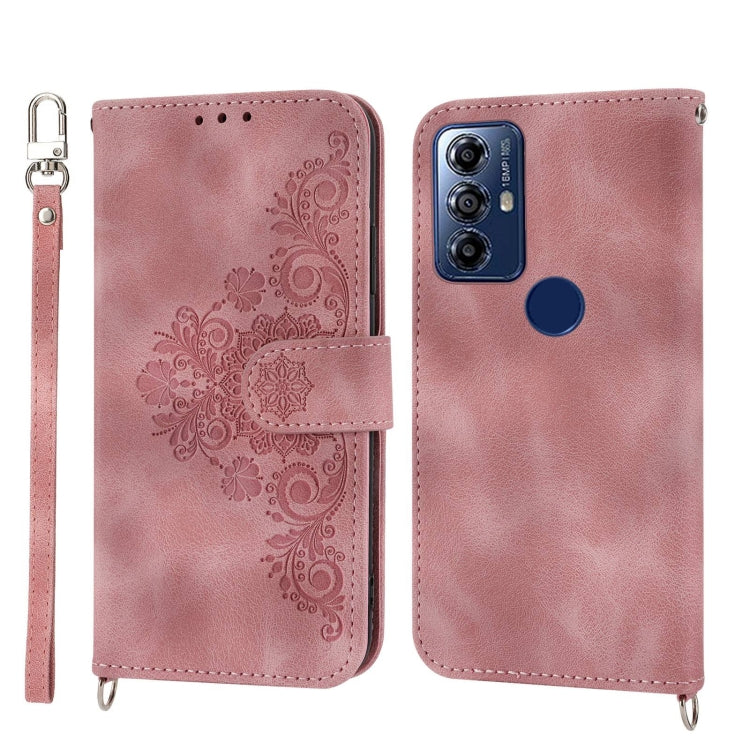 For Motorola Moto G Play 2023 Skin-feel Flowers Embossed Wallet Leather Phone Case