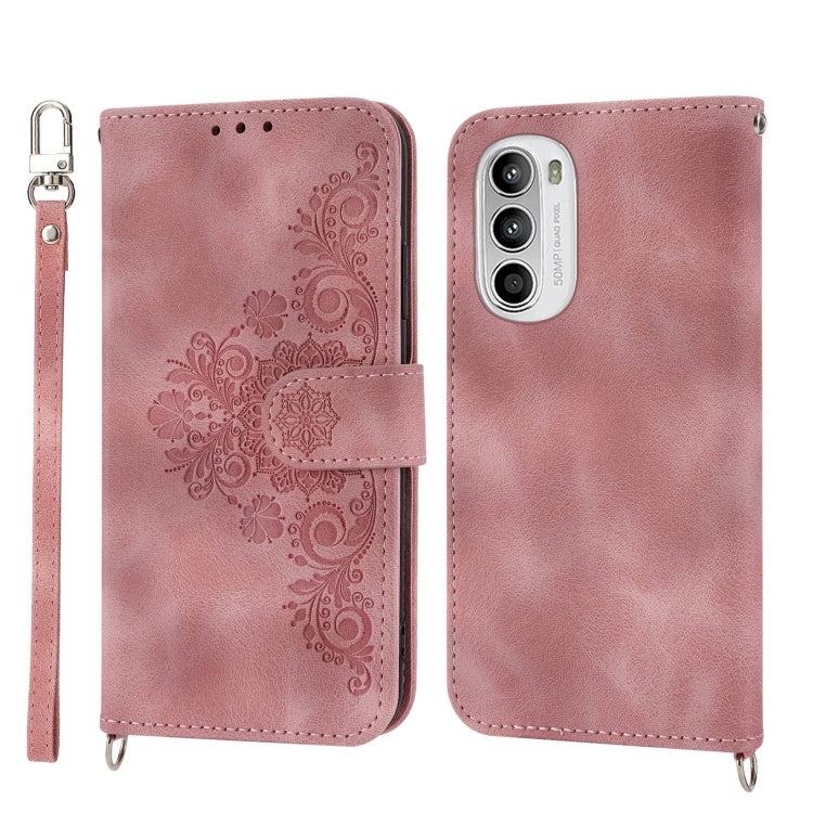 For Motorola Moto G52 Skin-feel Flowers Embossed Wallet Leather Phone Case