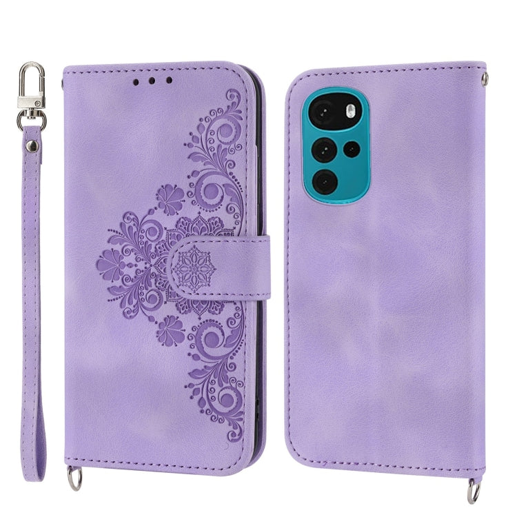For Motorola Moto G22 Skin-feel Flowers Embossed Wallet Leather Phone Case