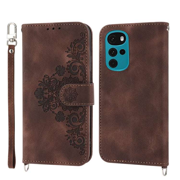 For Motorola Moto G22 Skin-feel Flowers Embossed Wallet Leather Phone Case