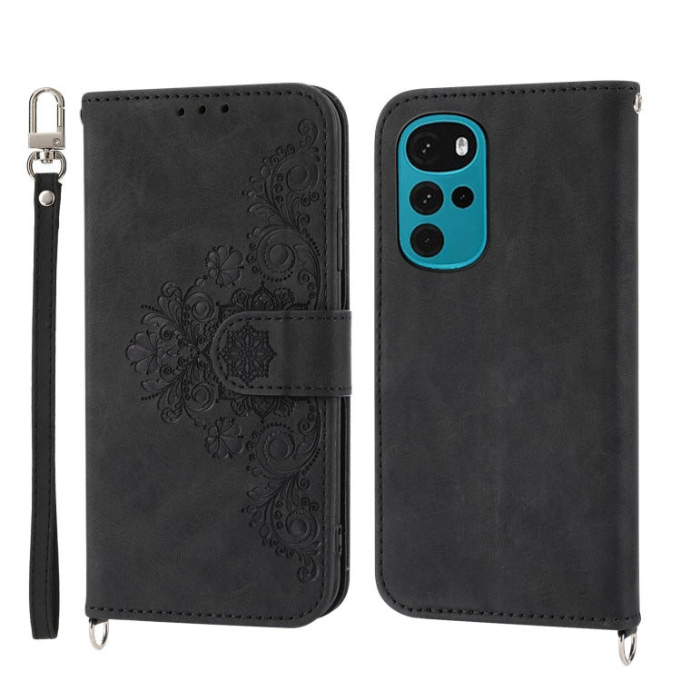 For Motorola Moto G22 Skin-feel Flowers Embossed Wallet Leather Phone Case
