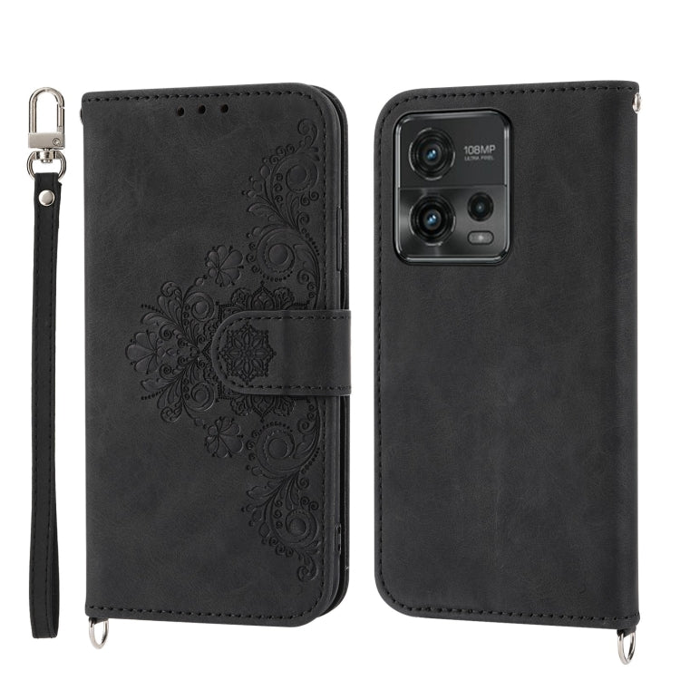 For Motorola Moto G72 Skin-feel Flowers Embossed Wallet Leather Phone Case