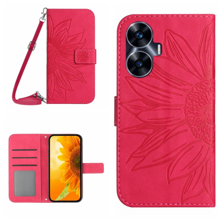 For Realme C55 Skin Feel Sun Flower Embossed Flip Leather Phone Case with Lanyard