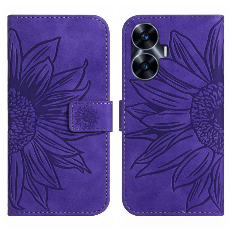 For Realme C55 Skin Feel Sun Flower Embossed Flip Leather Phone Case with Lanyard