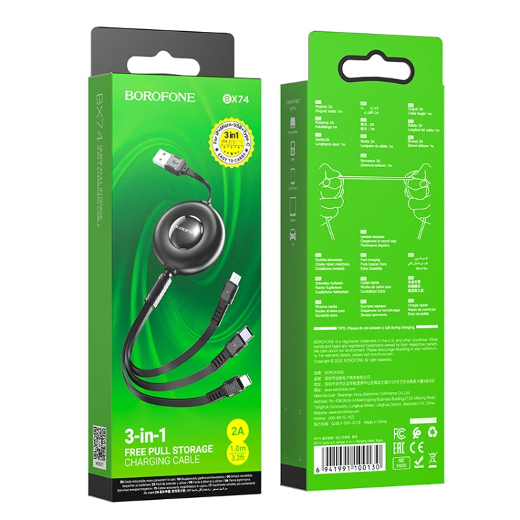 Borofone BX74 Type-C / USB-C+8 Pin+Micro USB Quick Pull Storage 3 in 1 Charging Cable, Length:1m