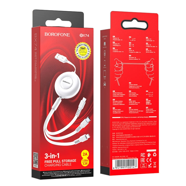 Borofone BX74 Type-C / USB-C+8 Pin+Micro USB Quick Pull Storage 3 in 1 Charging Cable, Length:1m