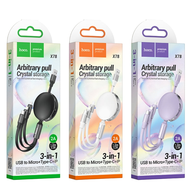hoco X78 2A 8 Pin + USB-C/Type-C + Micro USB 3 in 1 Charging Cable, Length: 1m(Purple)