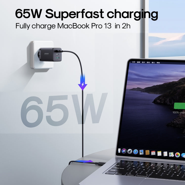 JOYROOM TCG01 GaN Ultra 65W 2 Type-C + 1 USB Fast Charger with 1.2m Type-C Cable, Plug:EU Plug(Black)