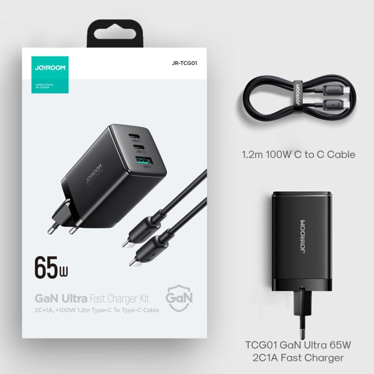 JOYROOM TCG01 GaN Ultra 65W 2 Type-C + 1 USB Fast Charger with 1.2m Type-C Cable, Plug:EU Plug(Black)
