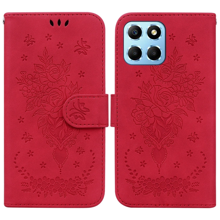 For Honor X8 5G Butterfly Rose Embossed Leather Phone Case