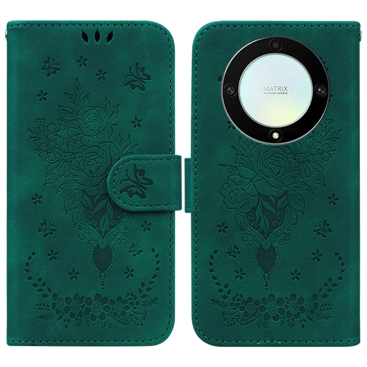 For Honor X9a Butterfly Rose Embossed Leather Phone Case