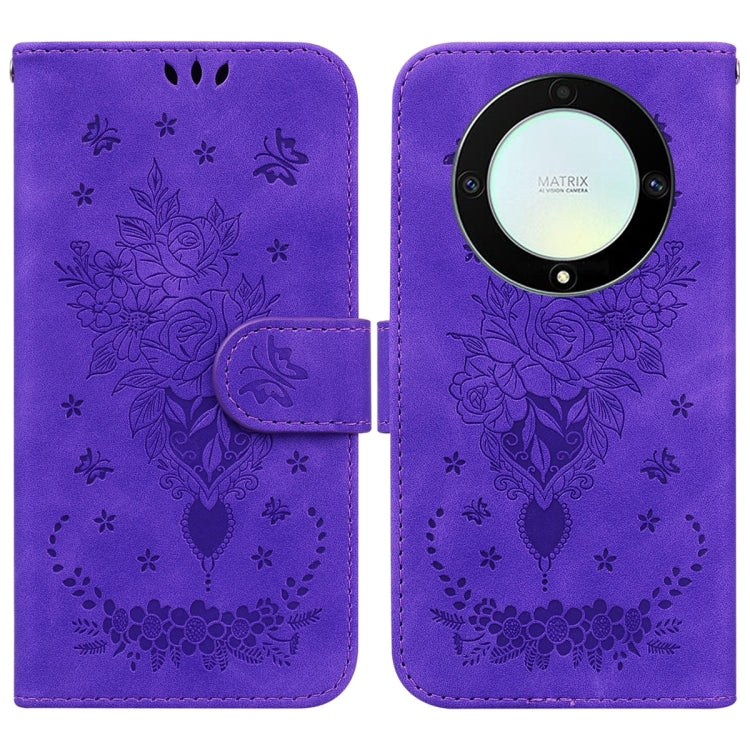 For Honor X9a Butterfly Rose Embossed Leather Phone Case