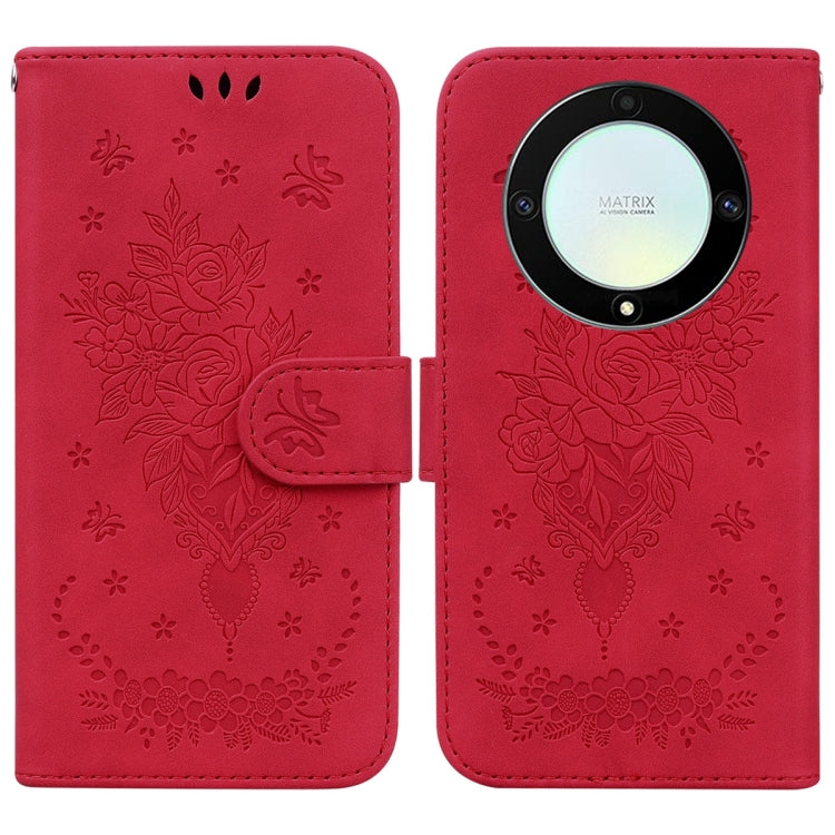 For Honor X9a Butterfly Rose Embossed Leather Phone Case